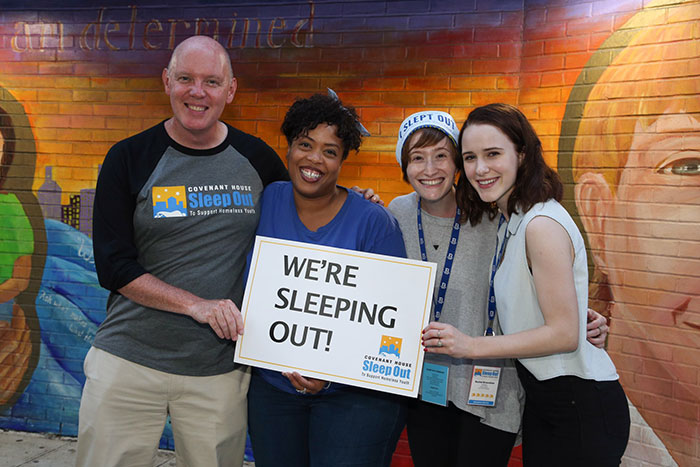 Covenant House previous CEO Kevin Ryan with Broadway stars Rachel Brosnahan, Rachel Sussman, Angela Grovey at Sleep Out