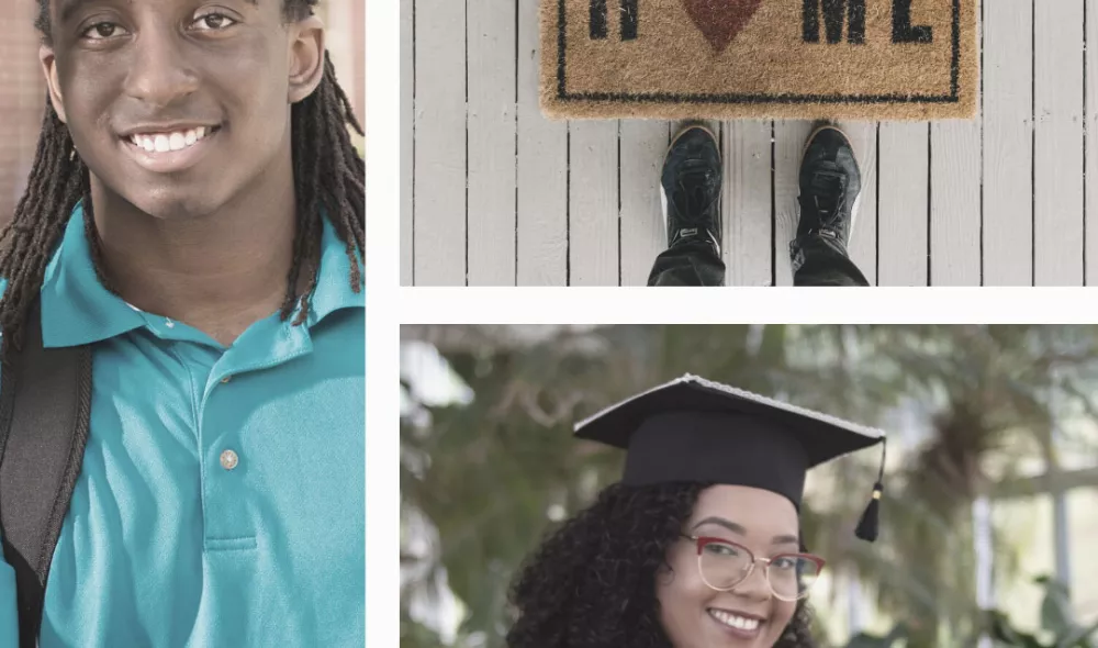 Collage of smiling people and a "Home" doormat