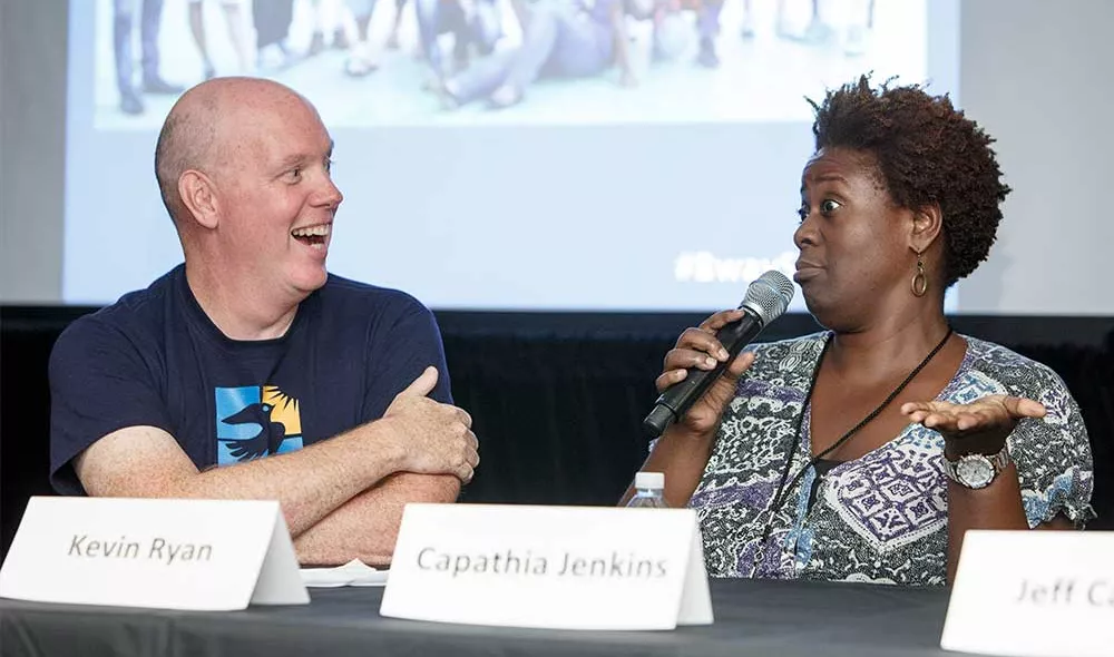 Covenant House previous CEO Kevin Ryan with Capathia Jenkins at a panel