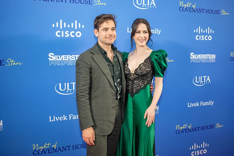Night of Covenant House Stars 2024 attendees Rachel Brosnahan and Jason Ralph on the Red Carpet 