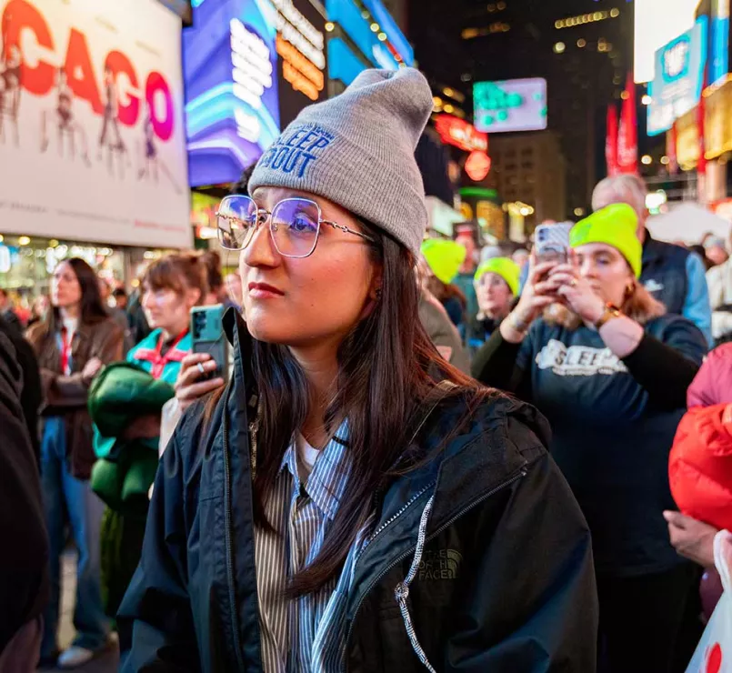 Covenant House Sleep Out volunteer in Times Square NYC | Raising funds and awareness for homeless youth